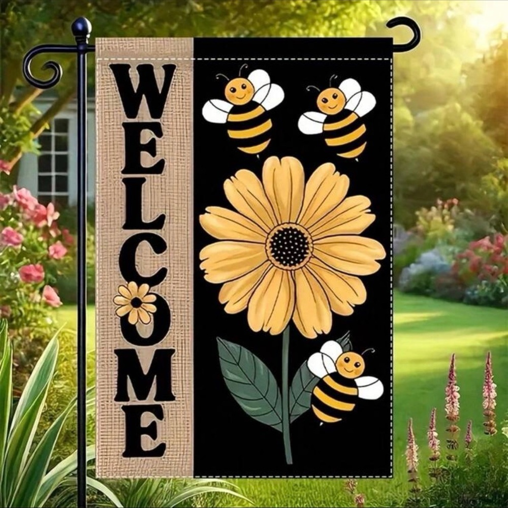 Welcome Garden Flag with Yellow Sunflower and Bees